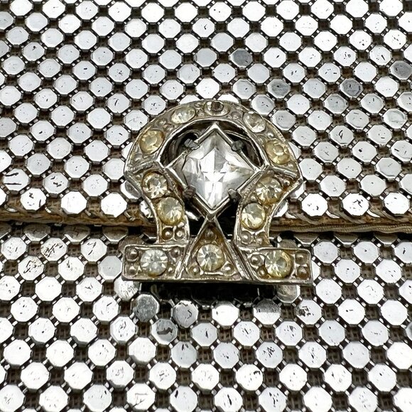 Vintage Purse Silver Mesh 6.5 x 3.5 Clutch Crystal Clasp Whiting & Davis Co - Picture 2 of 10